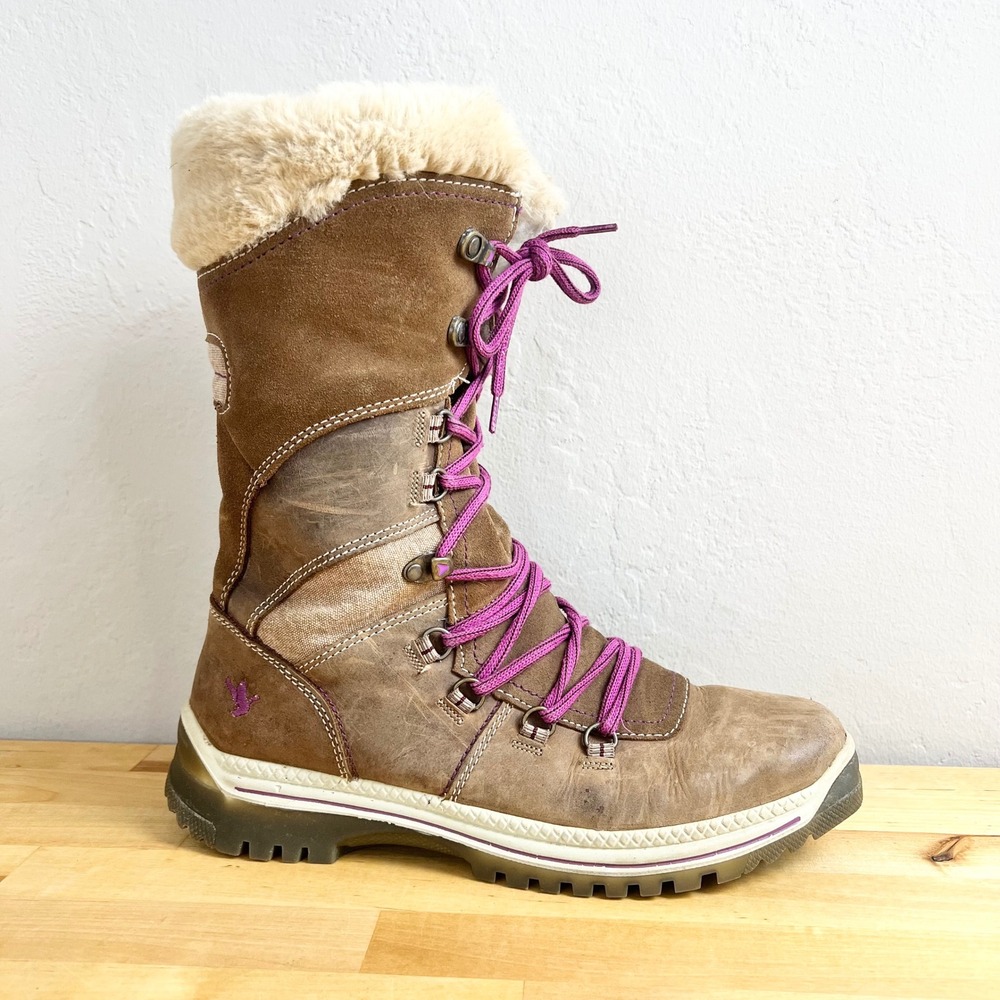 Santana Canada Brown Leather Tall Lace‎ Up Snow Boots Morella Faux Fur Trim 10